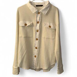 cream collared oversized button up waffle knit shirt Automet lounging layering